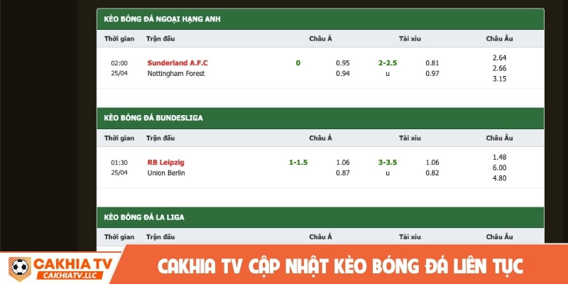 Cakhia TV cập nhật kèo bóng đá liên tục
