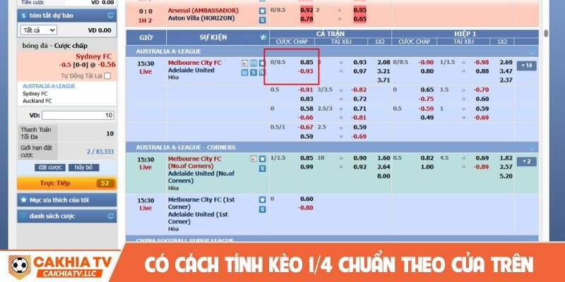 Có cách tính kèo 1/4 chuẩn theo cửa trên