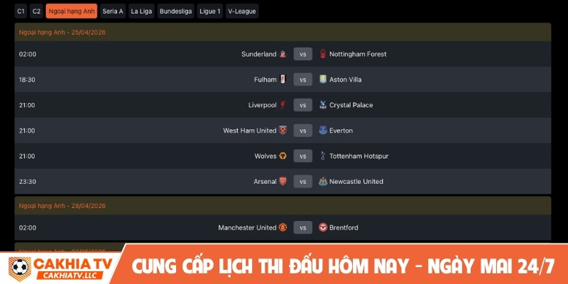 Cung cấp lịch thi đấu hôm nay - ngày mai 24/7